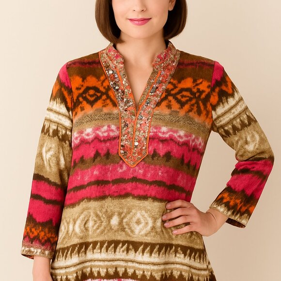 Lane Bryant Tunic Blouse Sz 14/16 Pink Orange Jewels Boho Bollywood - Picture 1 of 10